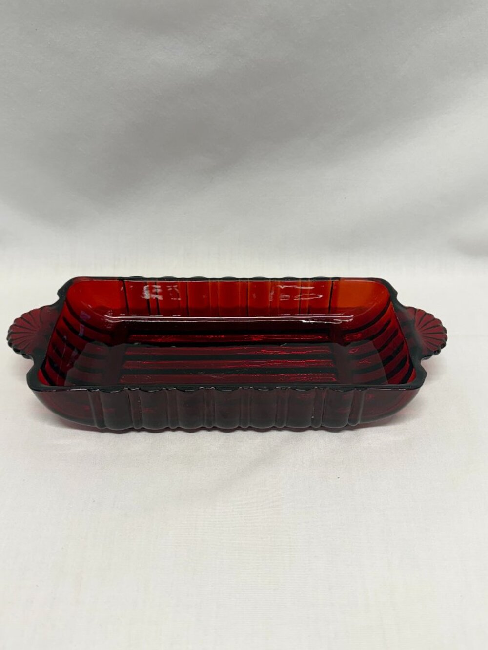 Vintage Anchor Hocking Royal Ruby Red Glass Relish Cranberry Dish Ribbed Sides